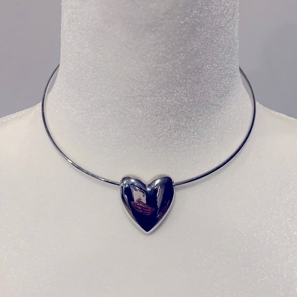 Silver Puff Heart Choker Necklace